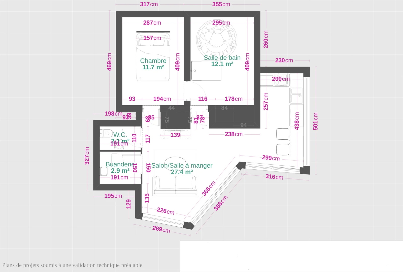 Plan en deux dimensions d'un appartement, chambre, salle de bain, WC, buanderie et salon salle à manger, avec les dimensions et la surface de chaque pièce