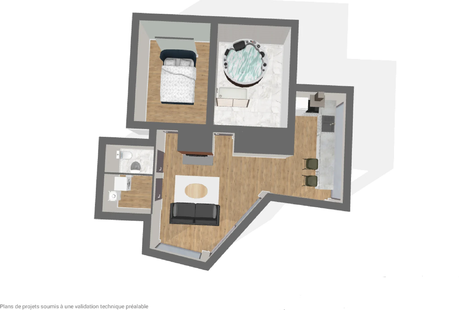 Le même appartement en trois dimensions, vu de dessus, meublé